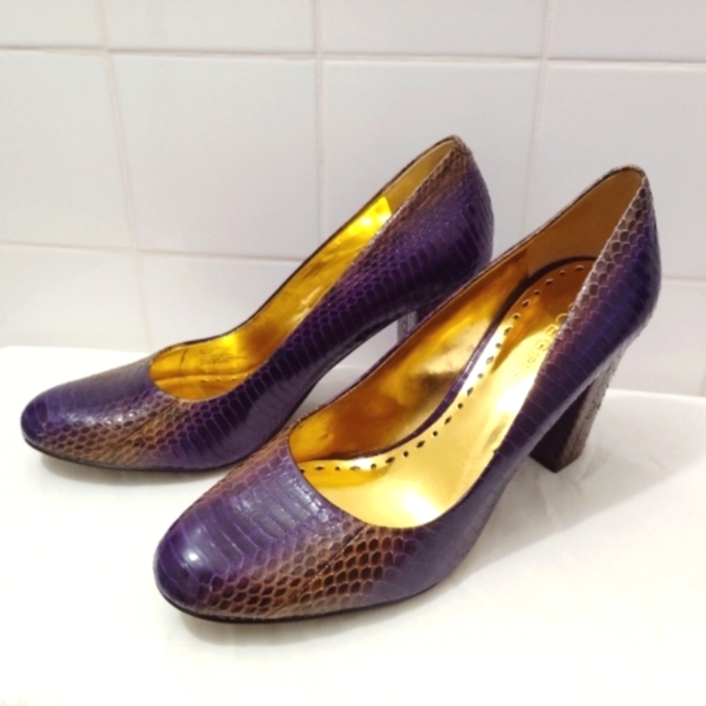 BCBG Calista Snakeskin Leather Heels Purple Gold 3" Block Heel US 7 - Picture 5 of 13